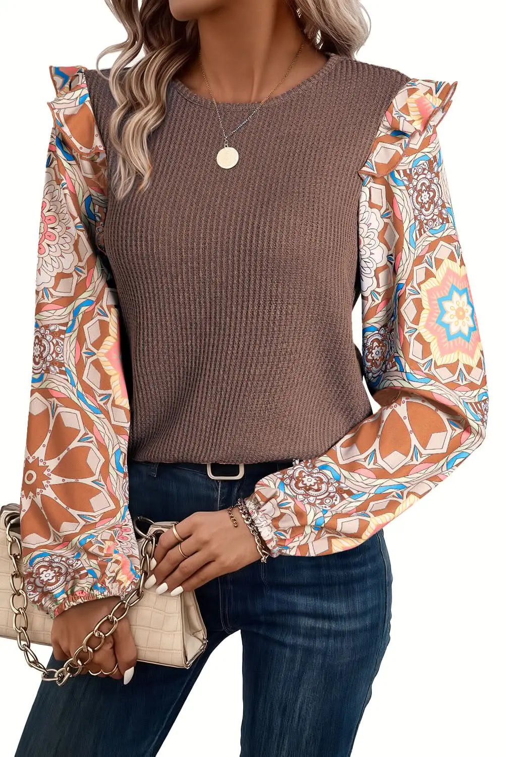 Coffee Ruffled Floral Sleeve Patchwork Waffle Knit O Neck Blouse - Love Salve 
