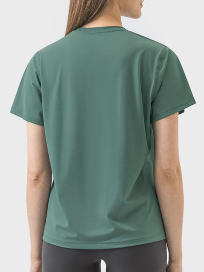 Slit Round Neck Short Sleeve Active T-Shirt.