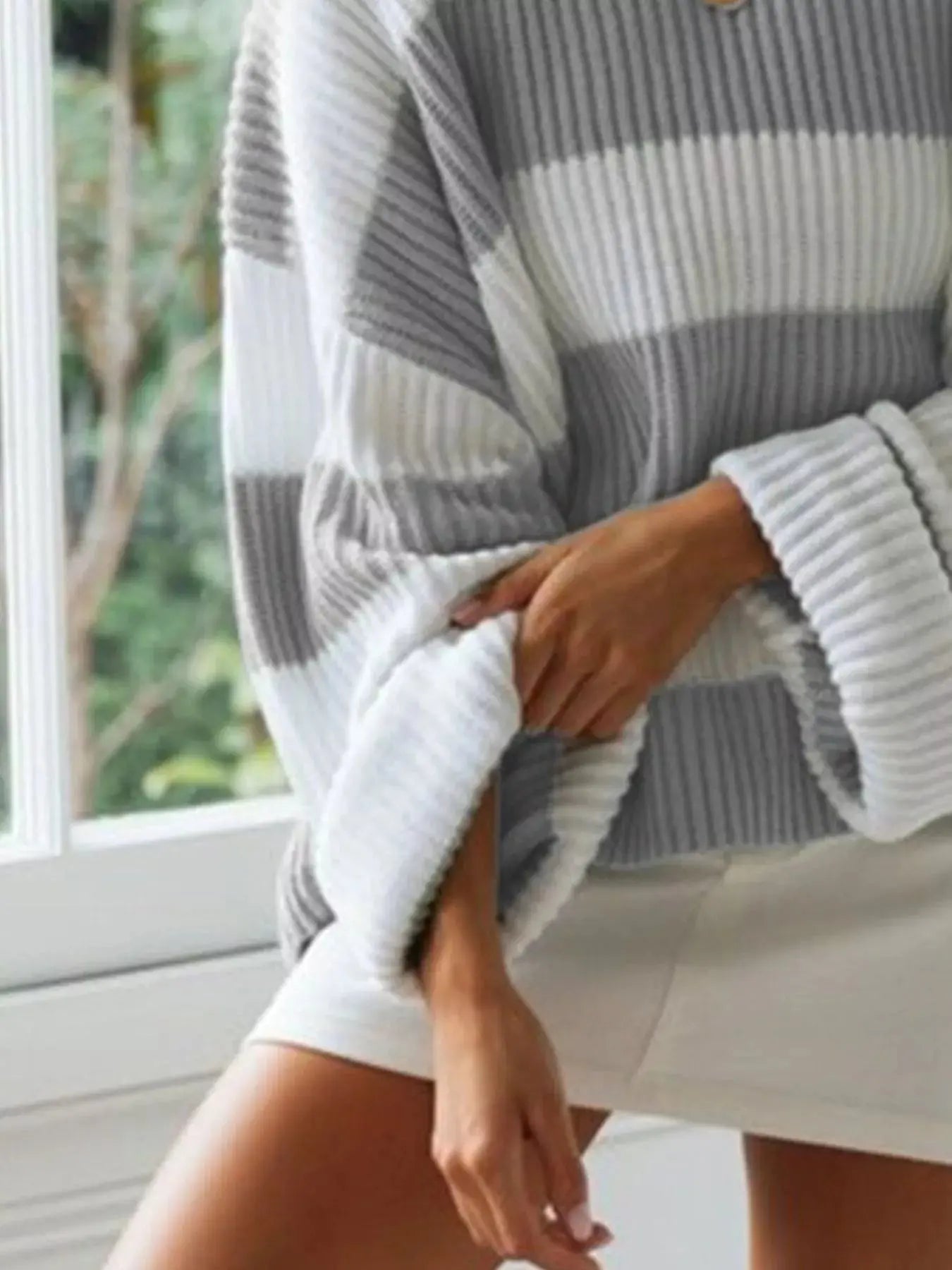 Full Size Contrast Striped Round Neck Sweater Plus Size Simply Love
