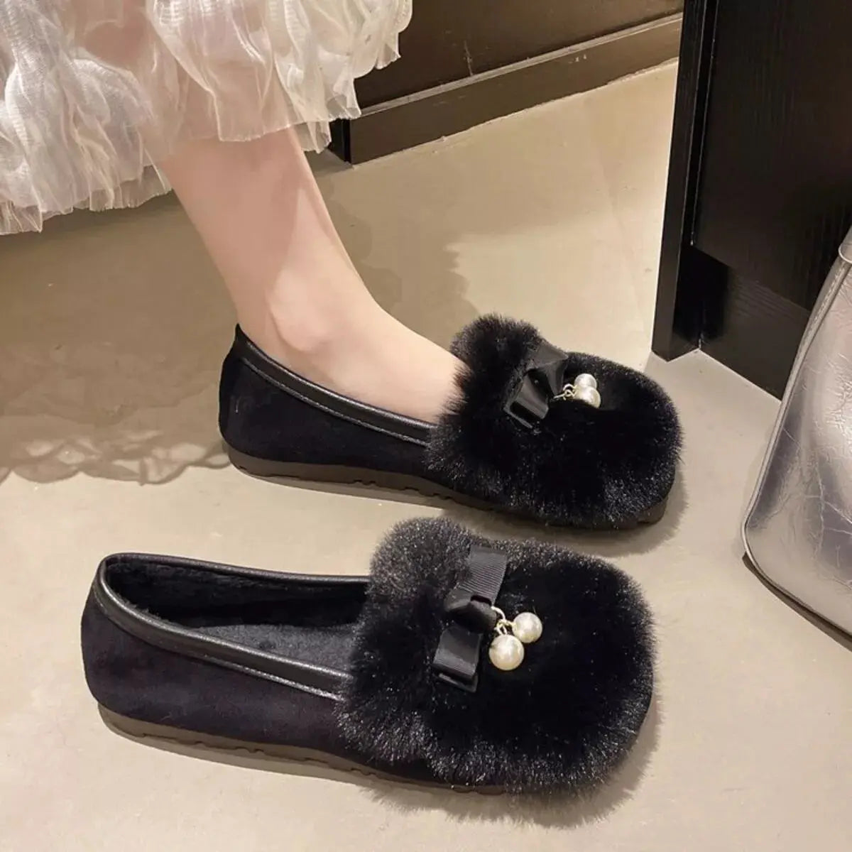 Fuzzy Pearl Bowknot Slip-Ons Simply Love