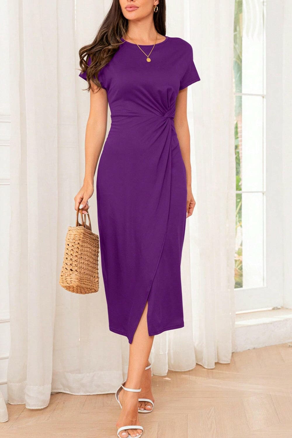 Slit Round Neck Short Sleeve Midi Dress.