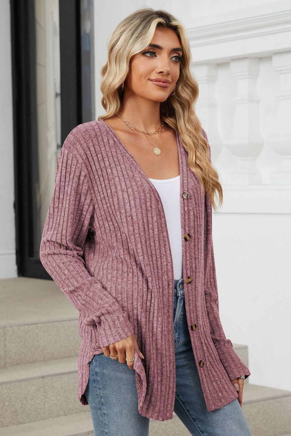 Ribbed Button Up Long Sleeve Cardigan.