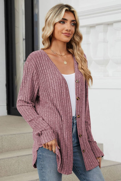 Ribbed Button Up Long Sleeve Cardigan.