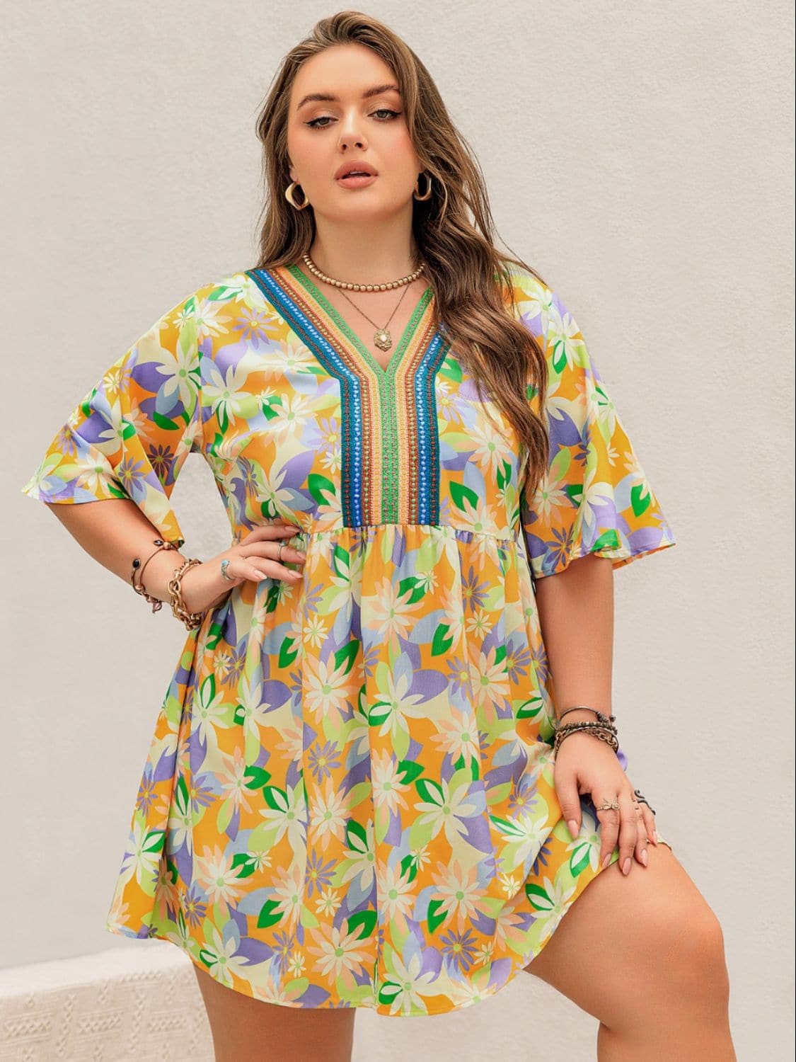 Plus Size Printed V-Neck Half Sleeve Mini Dress.