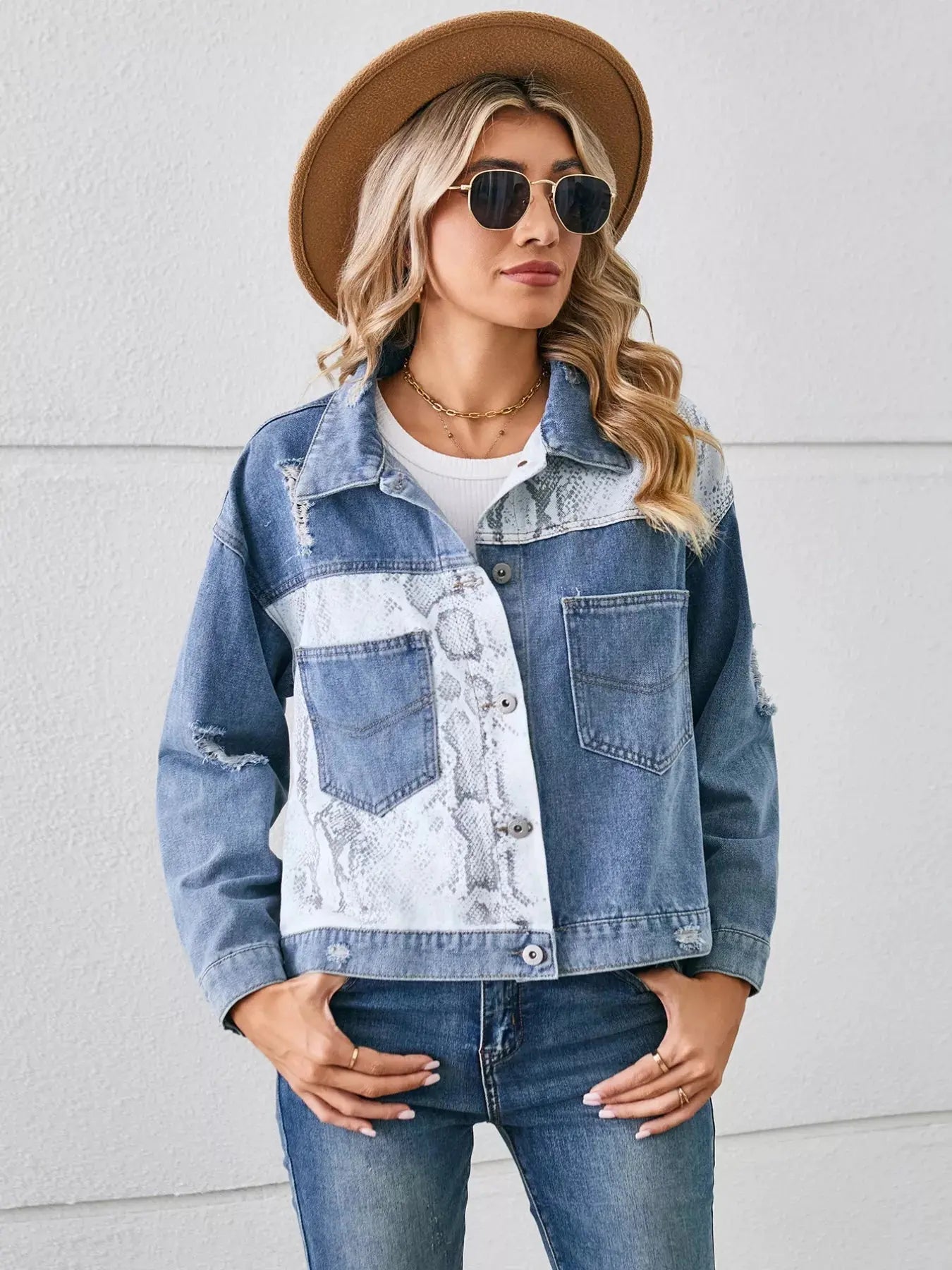 Snake Print Button Up Denim Jacket Simply Love