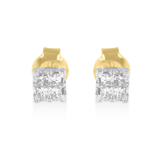 Bids.com 10k Yellow Gold Princess Diamond Quad Stud Earrings, 1/4 cttw, showcasing their elegant design and brilliant sparkle