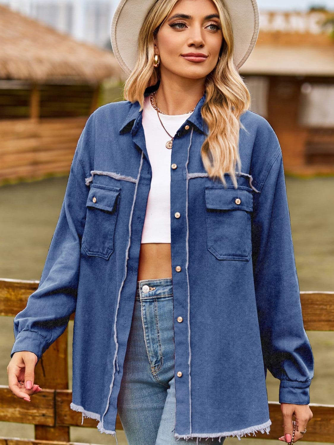 Button Up Collared Neck Raw Hem Denim Top.