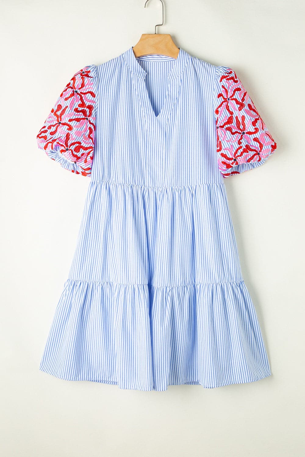 Embroidered Striped Notched Short Sleeve Dress.