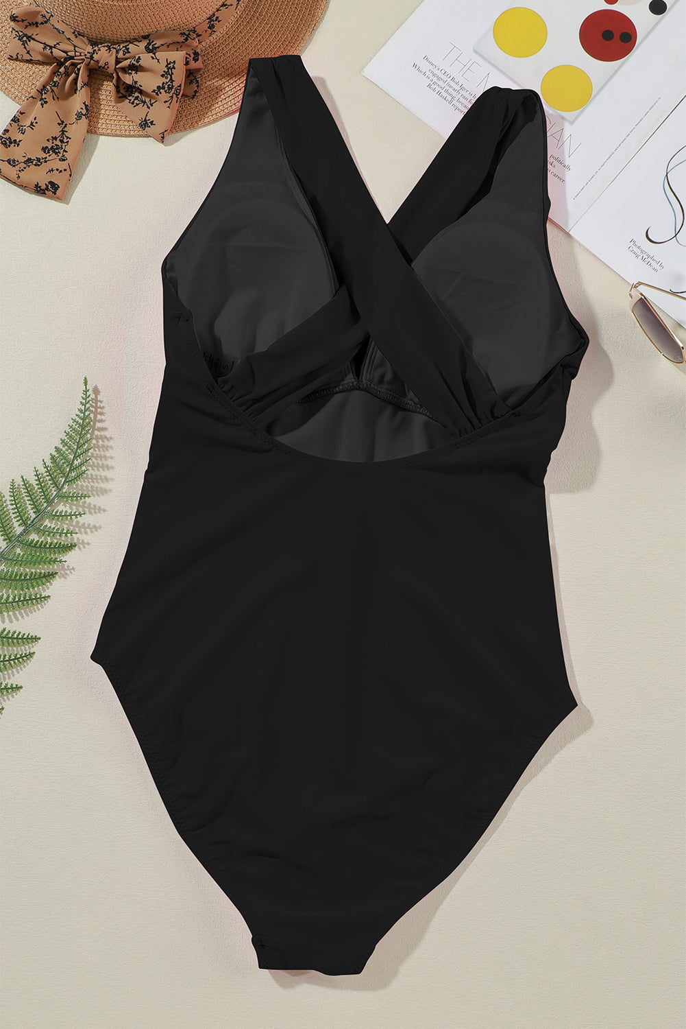 Sleek Black Backless Ruched High-Cut Monokini with Deep V Neck