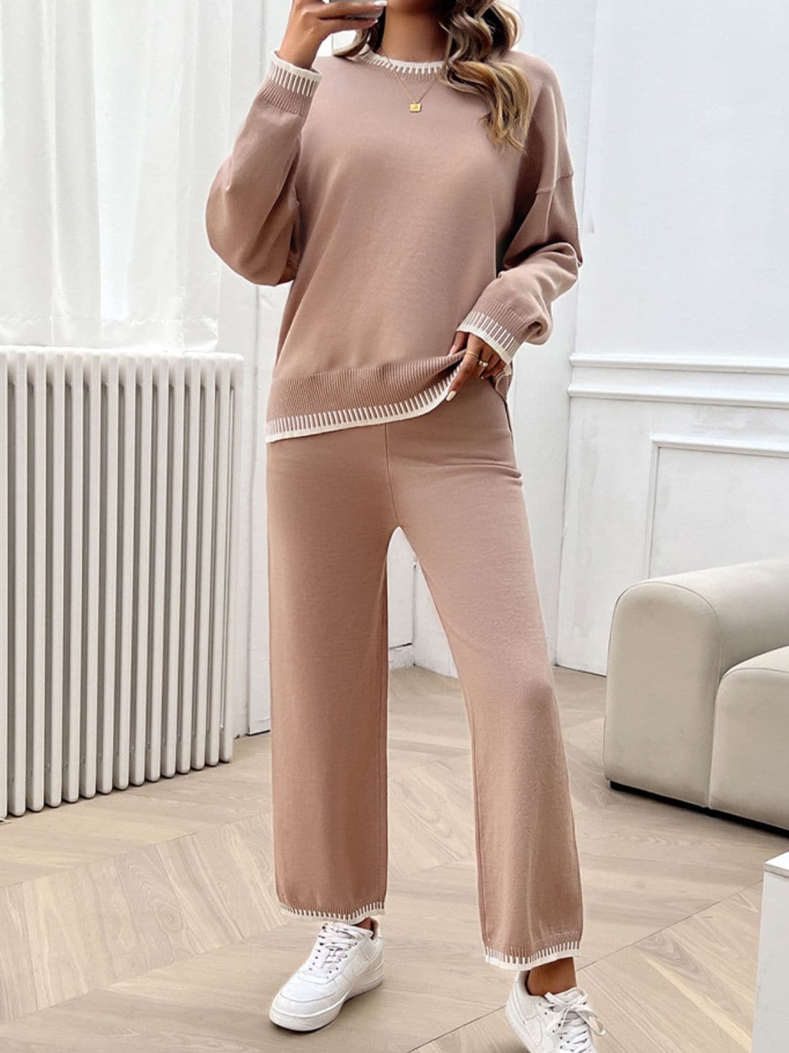 Round Neck Dropped Shoulder Top and Pants Sweater Set.