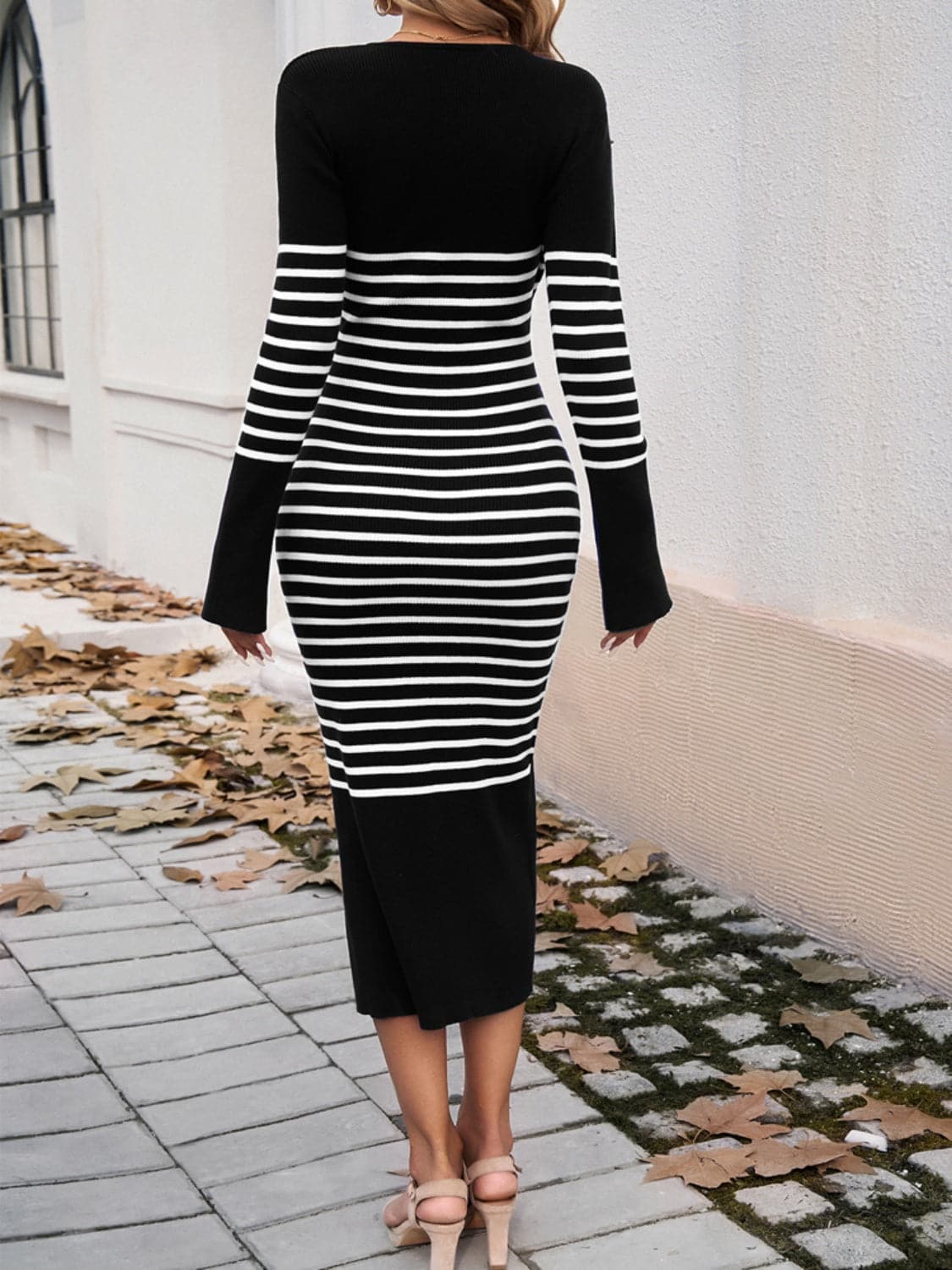 Striped V-Neck Long Sleeve Sweater Dress.