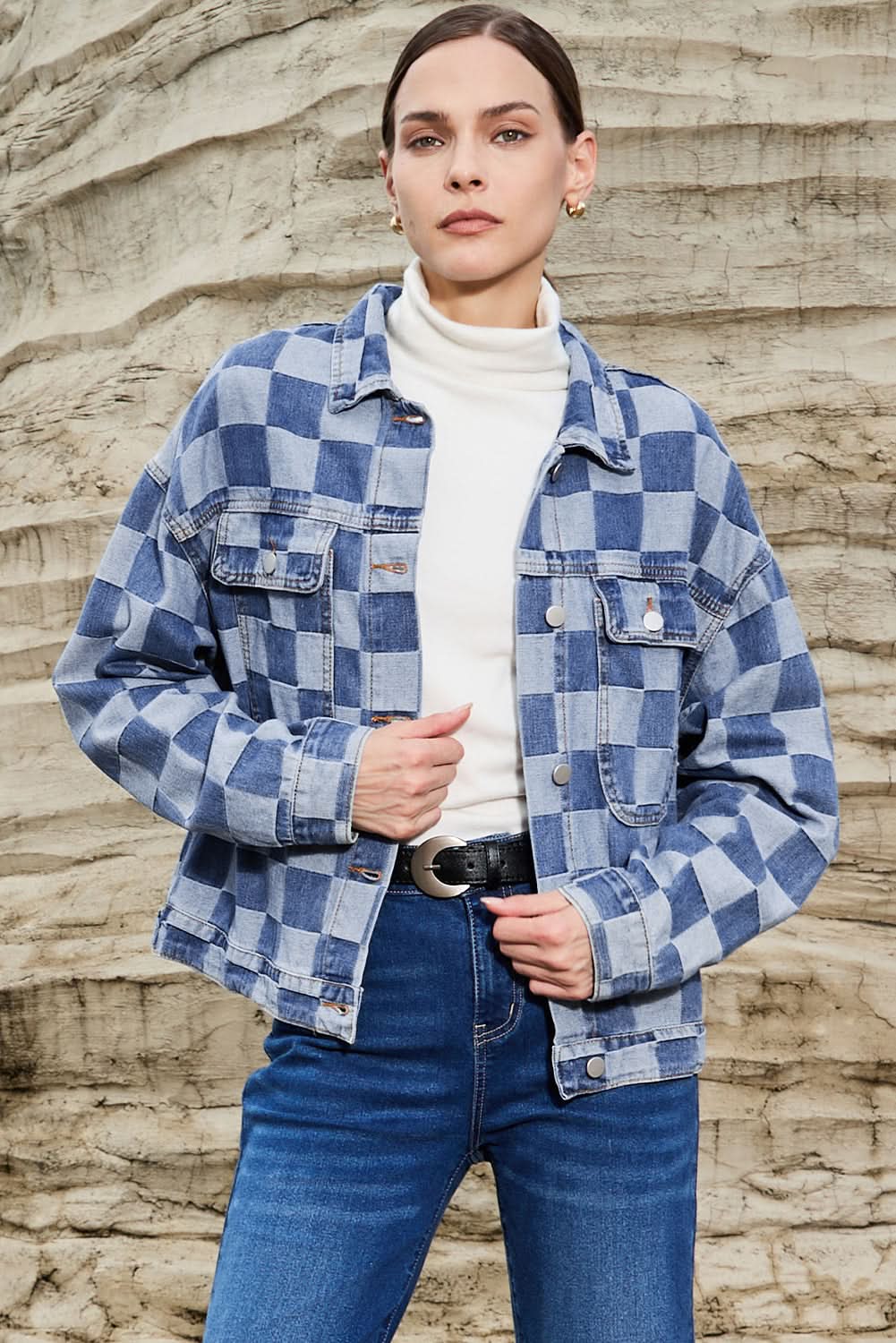 Light Blue Checkered Patchwork Button up Denim Jacket - Love Salve 