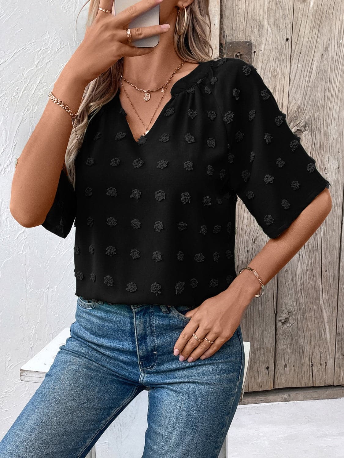 Swiss Dot Notched Half Sleeve Blouse.