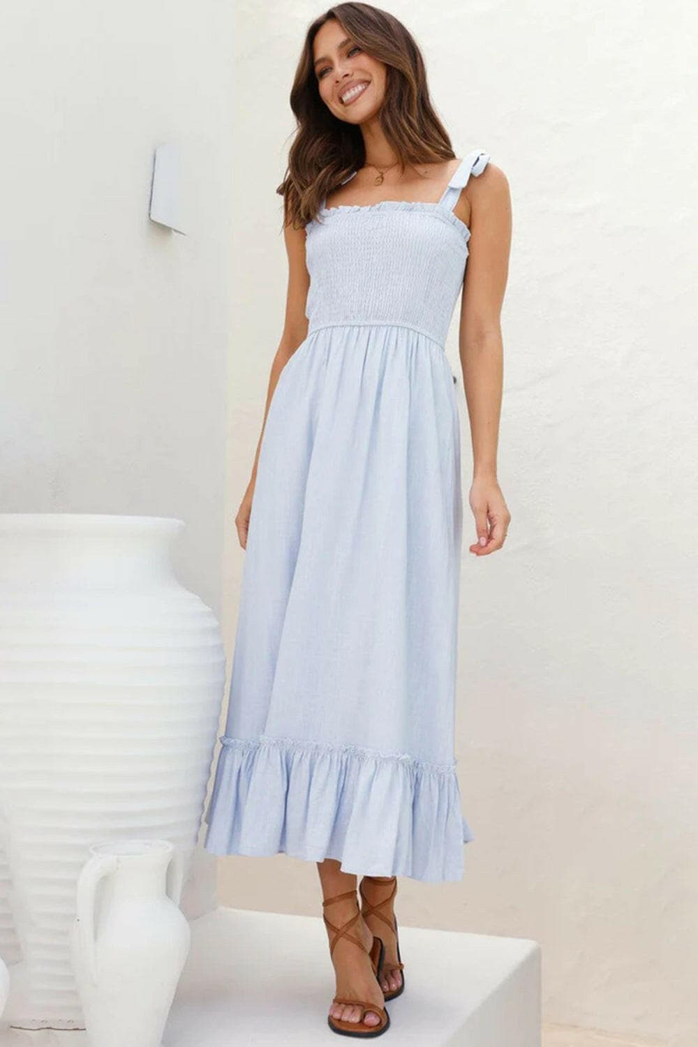 Ruffled Smocked Ruffle Hem Sleeveless Dress.