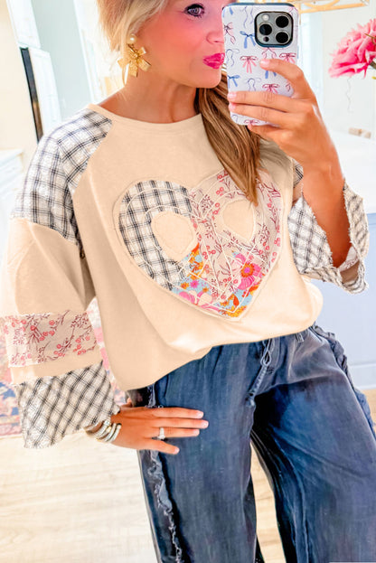 Beige Plaid Floral Peace Heart Graphic Wide Long Sleeve Top