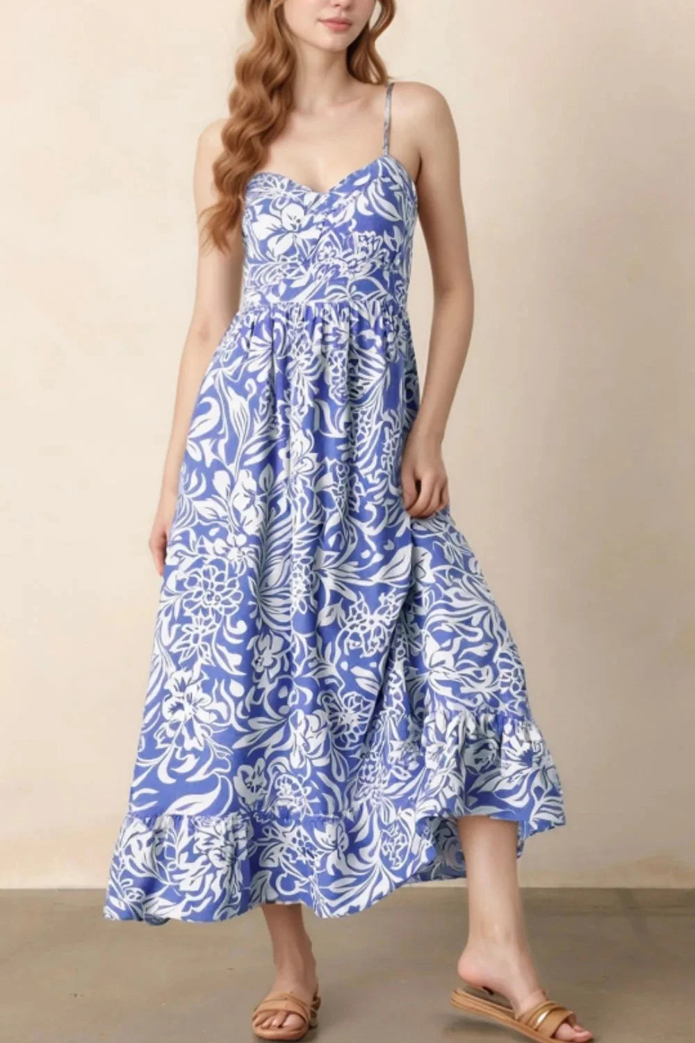 Floral Print Spaghetti Strap High Waist Dress Simply Love