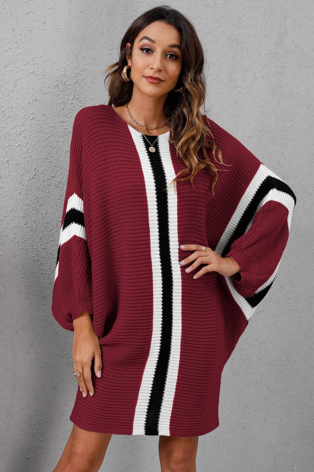 Ribbed Round Neck Long Sleeve Sweater Dress.