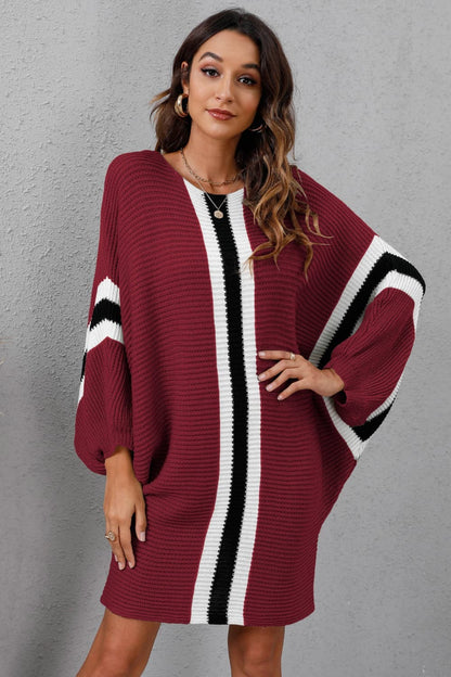 Ribbed Round Neck Long Sleeve Sweater Dress.