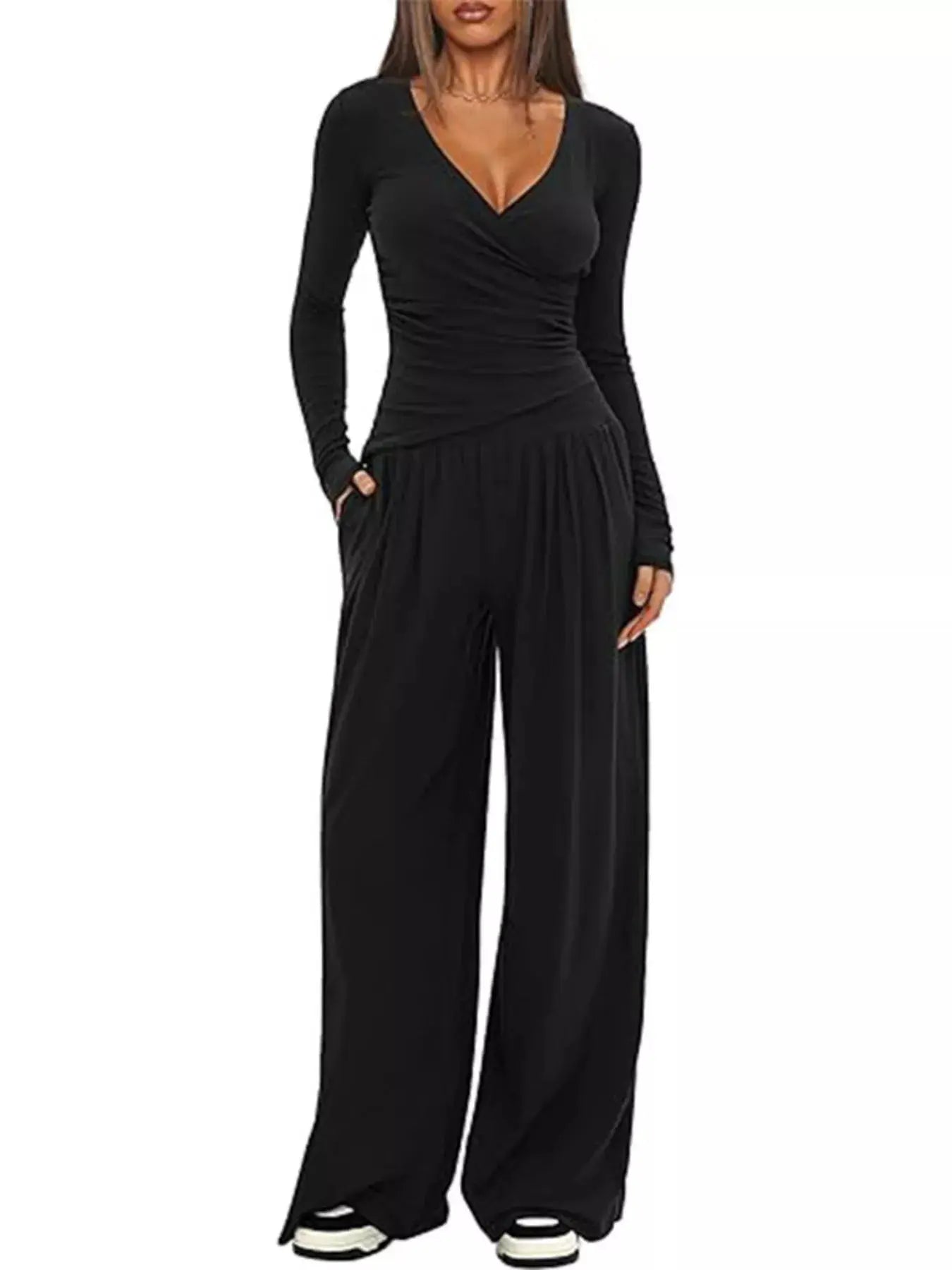 Casual Brown Long Sleeve Wrap Top And Wide Leg Pants Two-Piece Set Simply Love