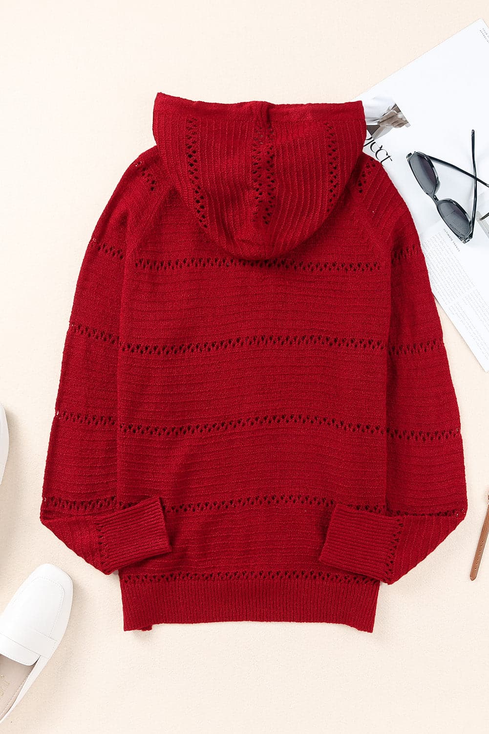 Zip-Up Raglan Sleeve Openwork Hooded Cardigan.