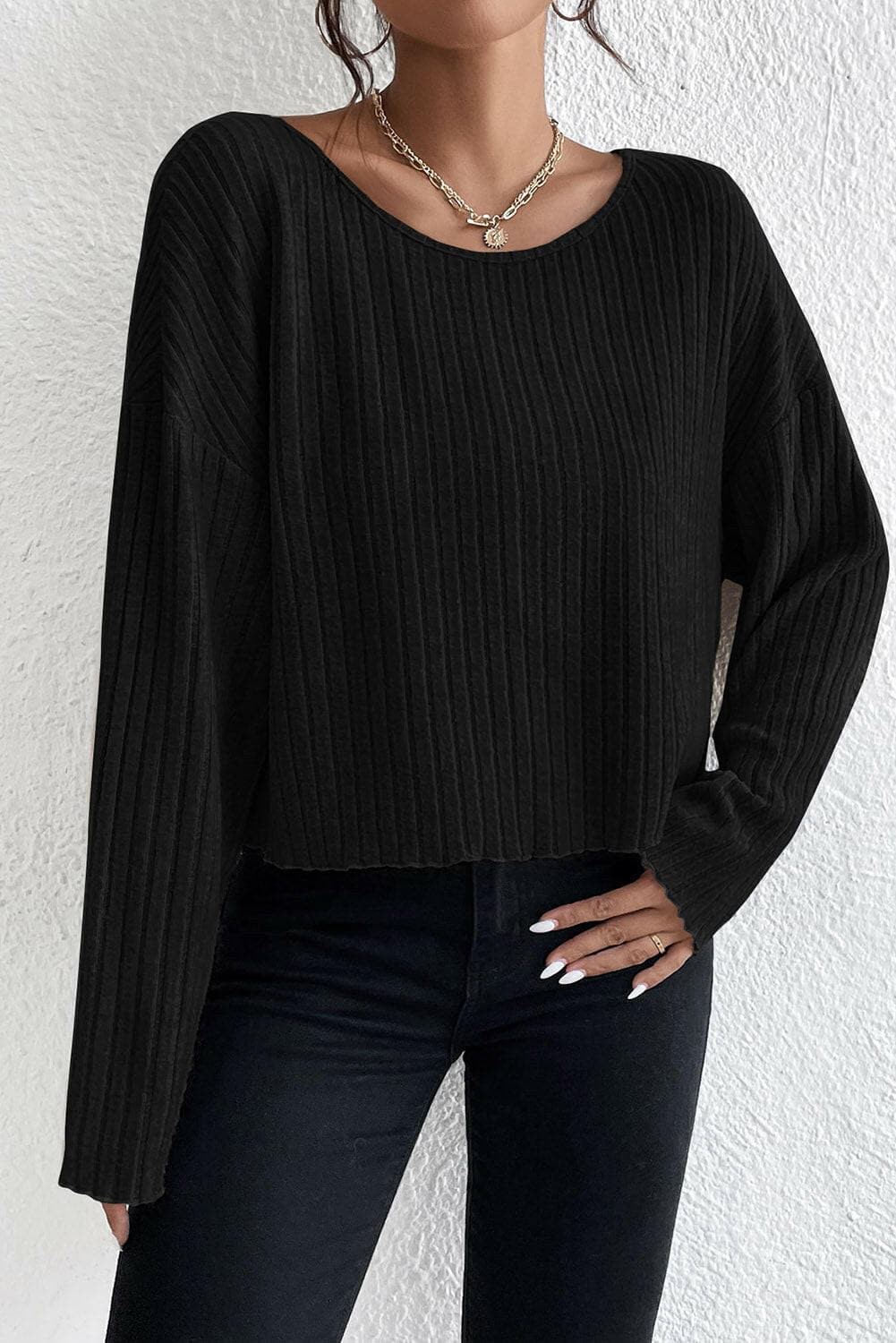 Ribbed Round Neck Drop Shoulder Long Sleeve Top.