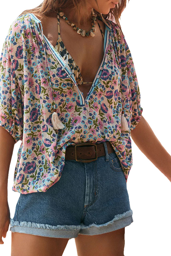 Vibrant Bohemian Floral V-Neck Half Sleeve Blouse in Multi-Color