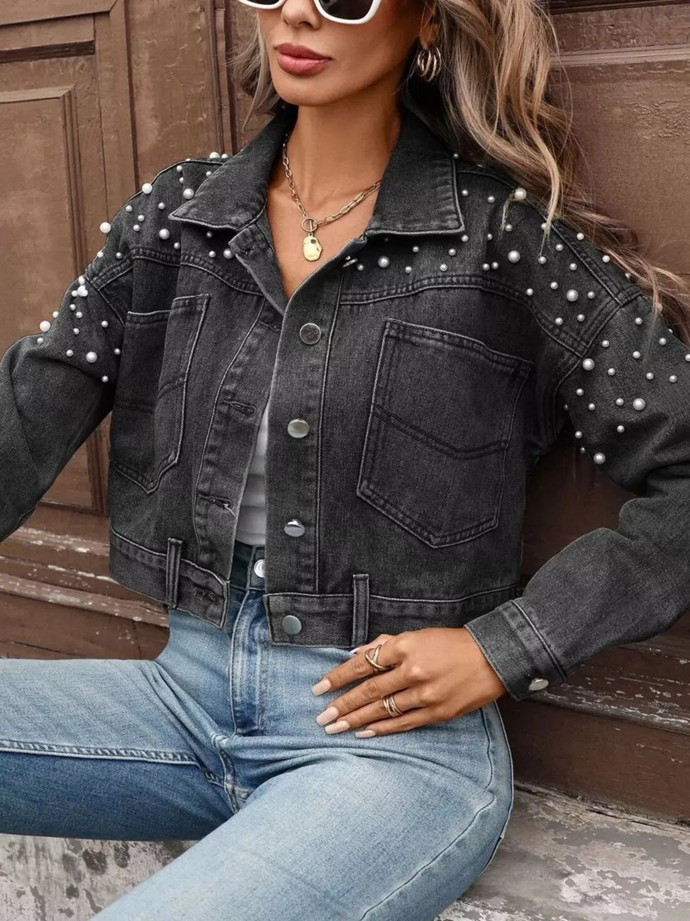Pearl Embellished Cropped Denim Jacket Simply Love