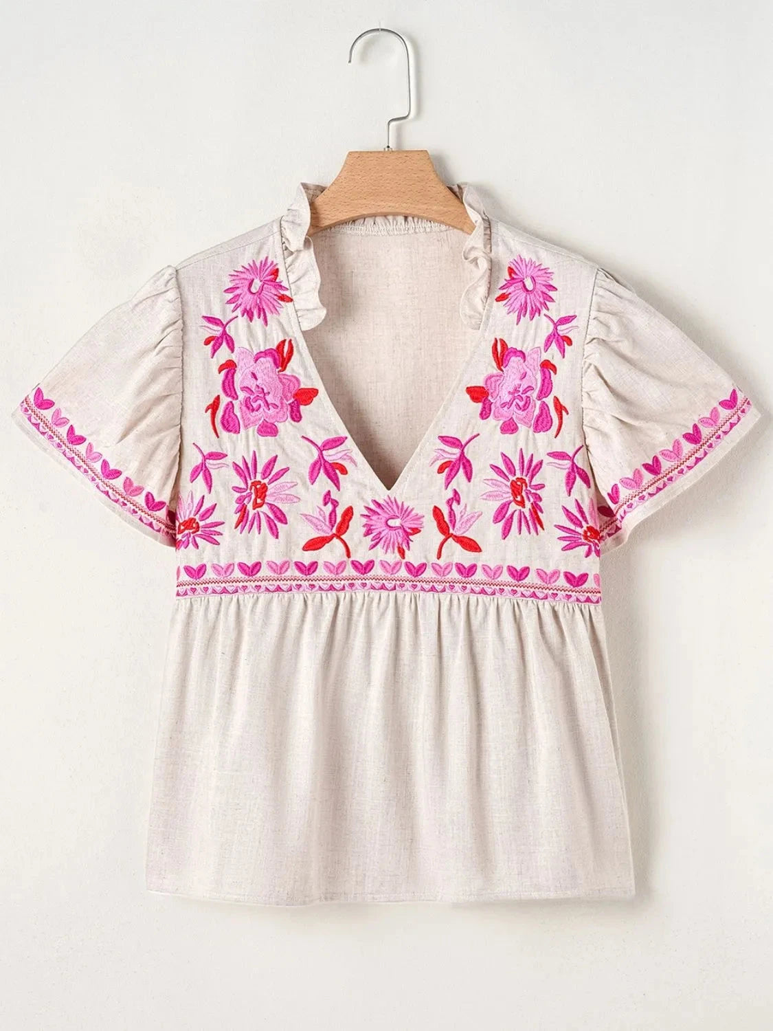 Floral Embroidered Short Sleeve Notched Blouse Simply Love