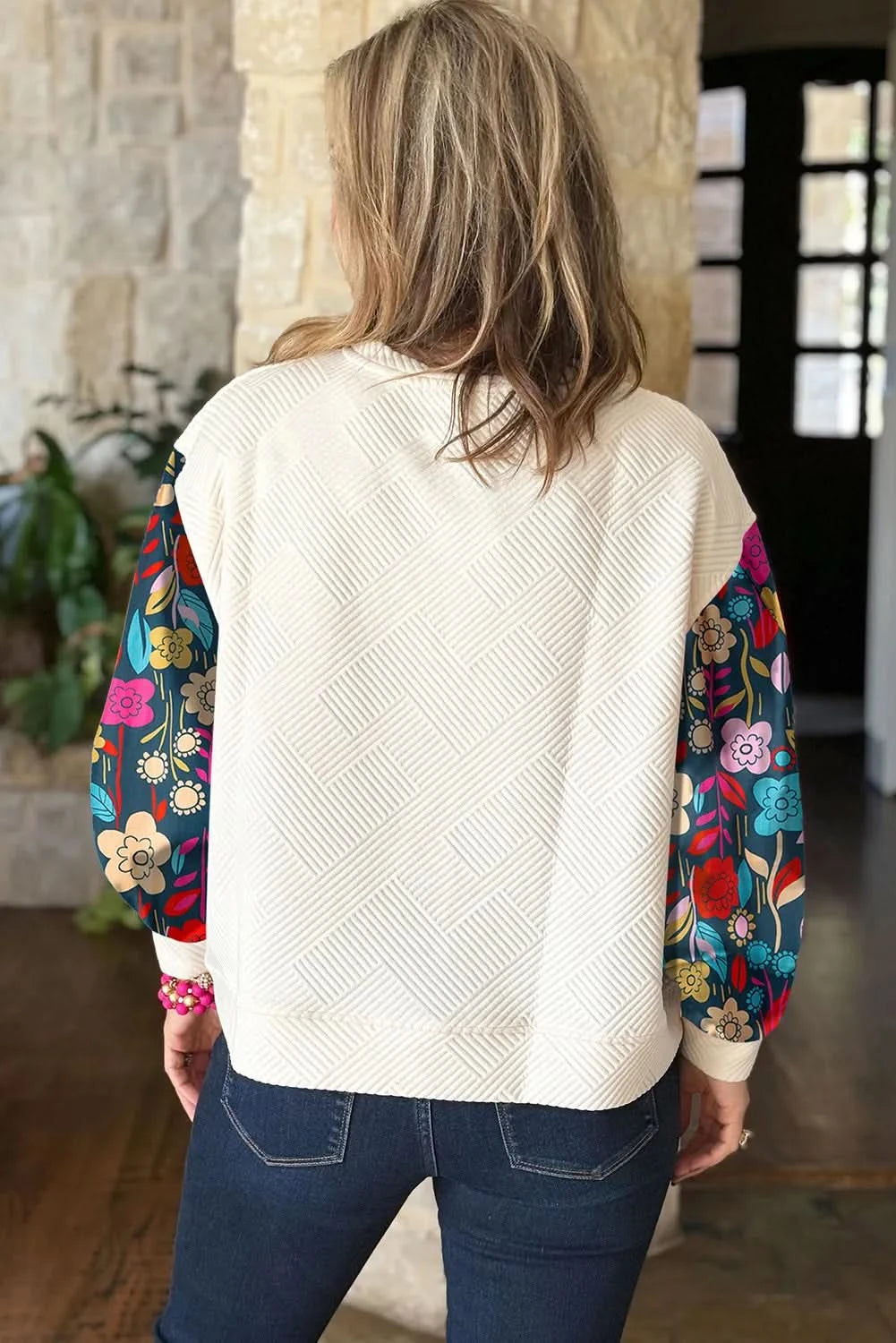 Curvy Chic Textured Print Long Sleeve Blouse with Round Neck