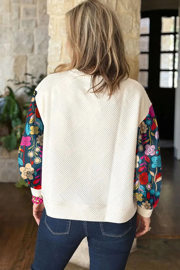 Curvy Chic Textured Print Long Sleeve Blouse with Round Neck