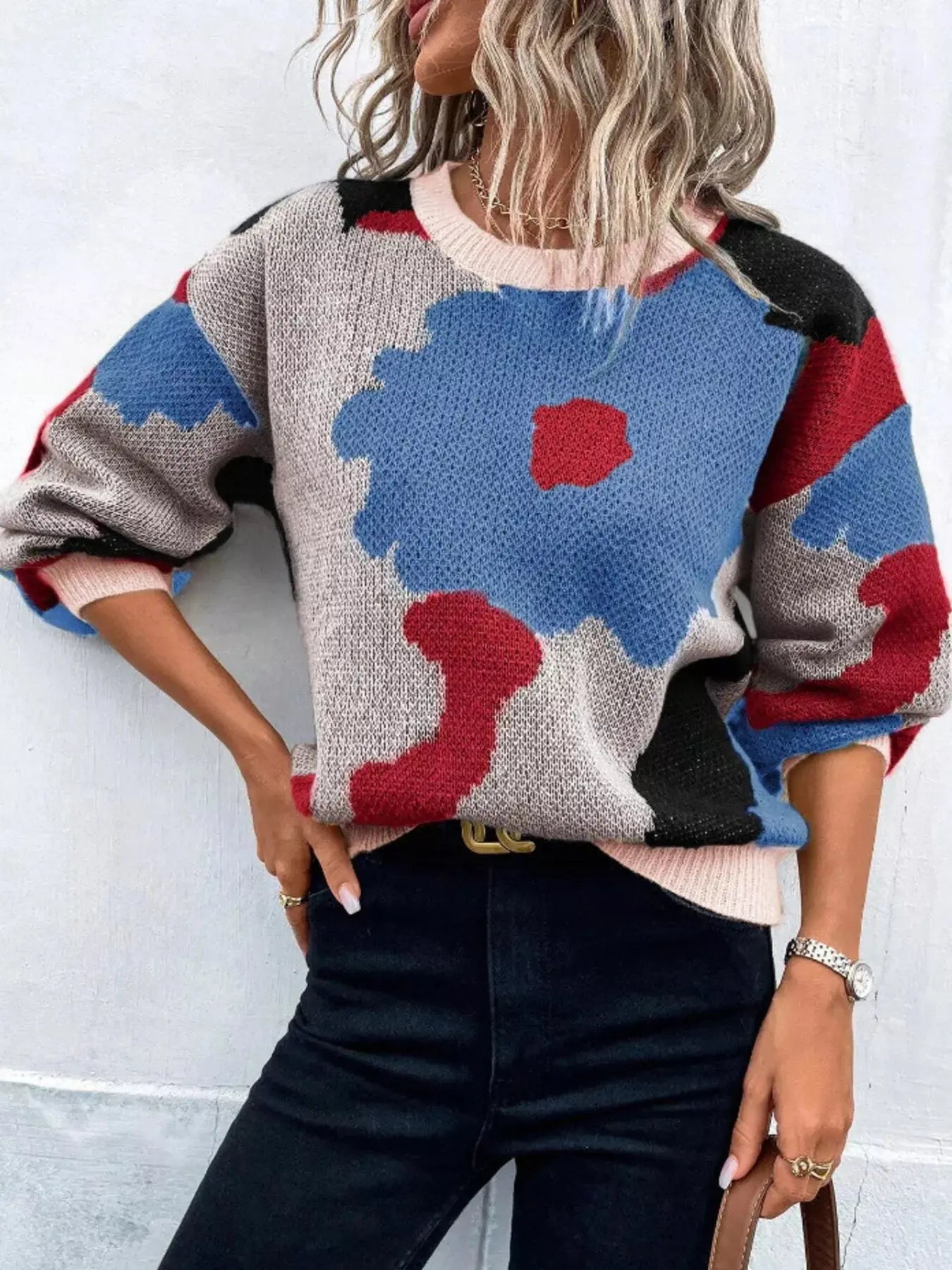 Floral Pattern Round Neck Sweater Simply Love
