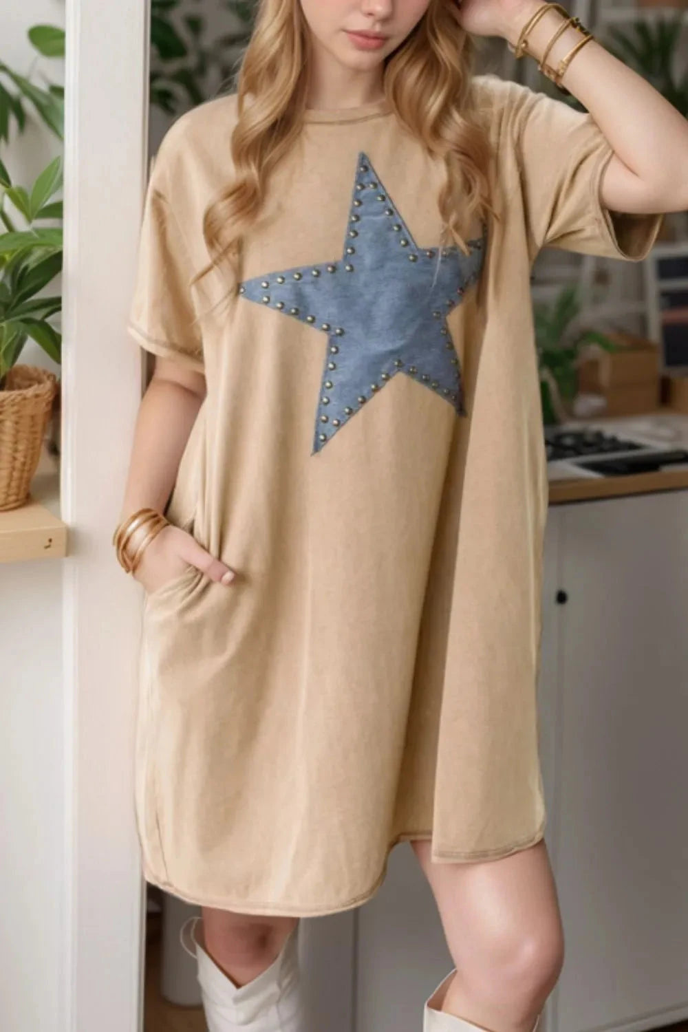 Mineral Wash Stud Beaded Star Pocketed T Shirt Dress Simply Love