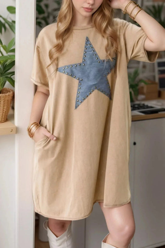 Mineral Wash Stud Beaded Star Pocketed T Shirt Dress Simply Love