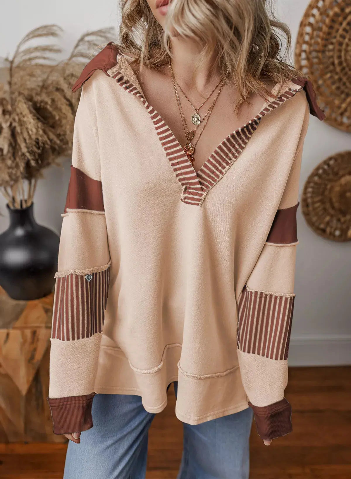 Color Block Striped Johnny Collar Sweatshirt Simply Love
