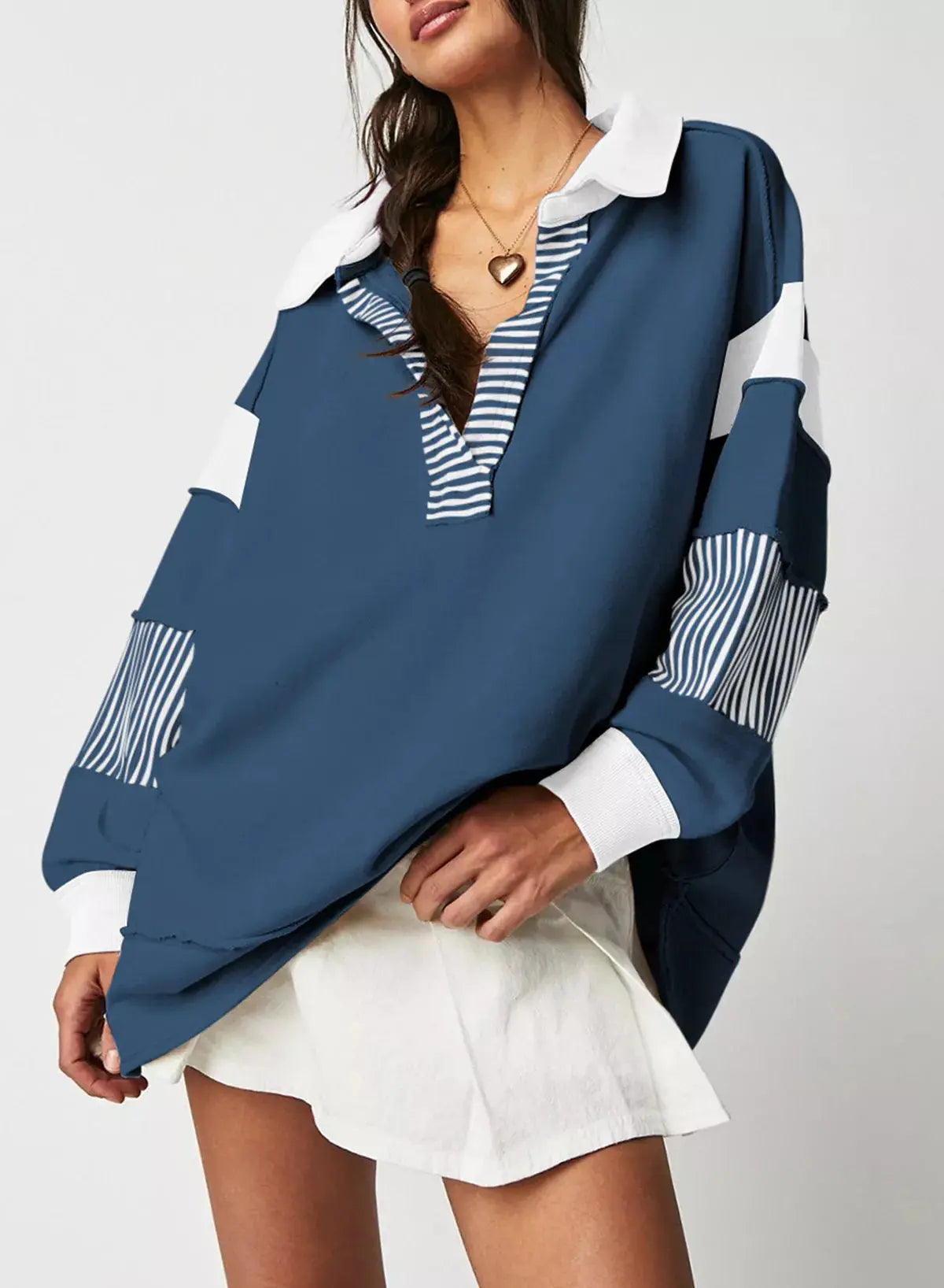 Color Block Striped Johnny Collar Sweatshirt Simply Love