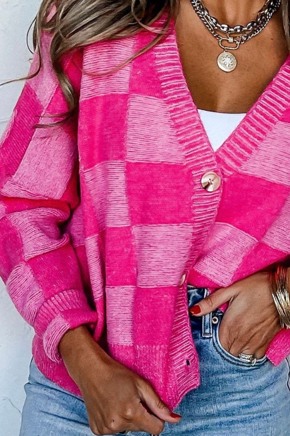 Checkered Button Up Long Sleeve Cardigan.