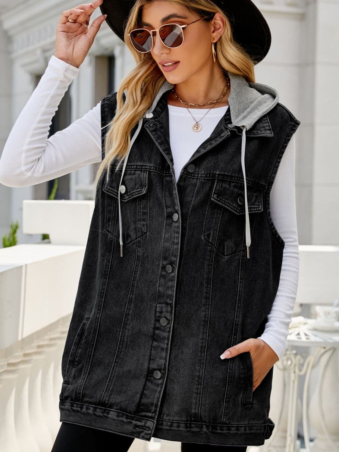 Drawstring Hooded Sleeveless Denim Top with Pockets.