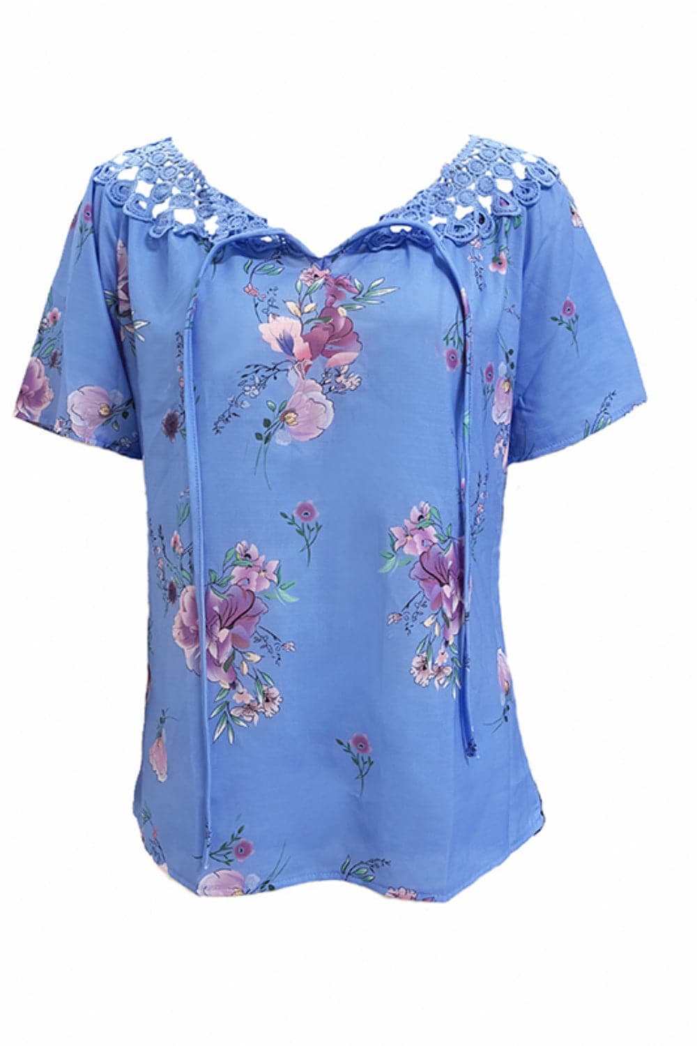 Full Size Printed Tie Neck Short Sleeve Blouse.