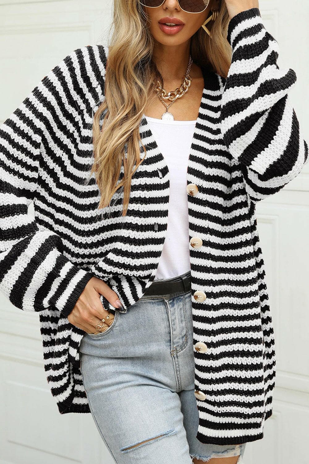 Striped Button Up Long Sleeve Cardigan.