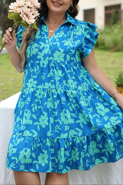 Sky Blue Plus Size Floral Print Flutter Sleeve Buttoned Mini Dress