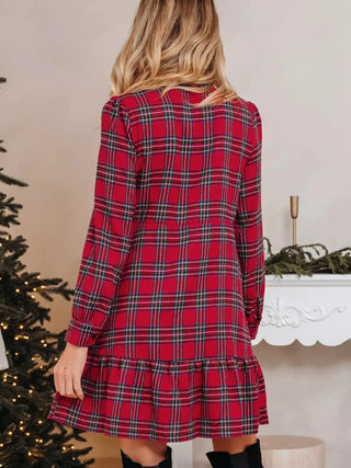 Plaid Shirt Collar Half Button Ruffle Hem Long Sleeve Mini Dress Simply Love