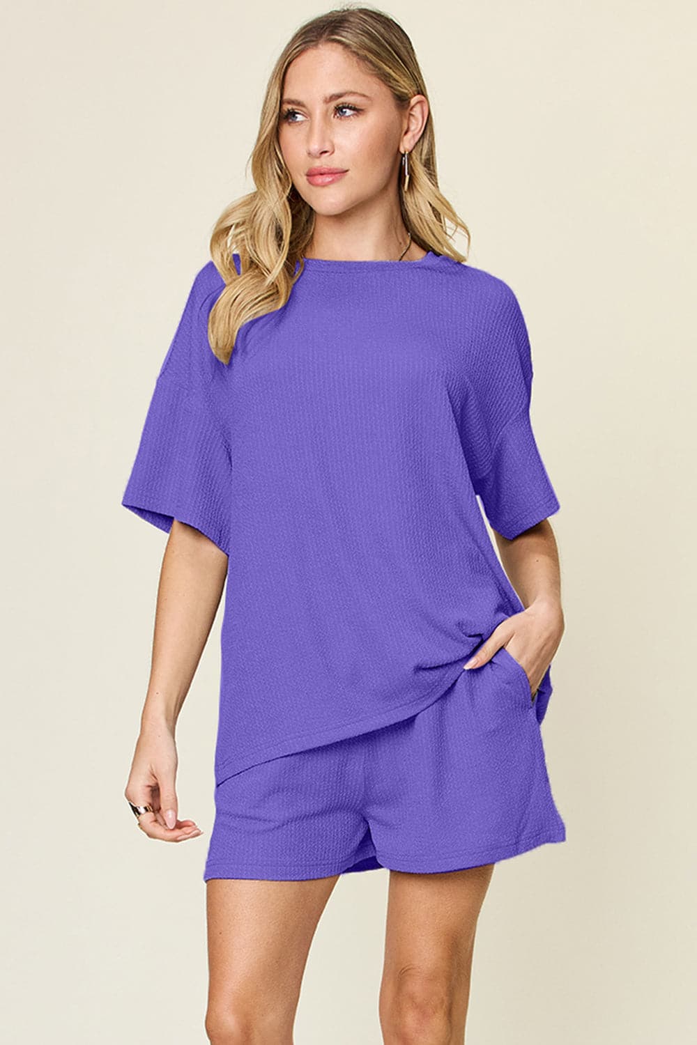 Double Take Full Size Round Neck Short Sleeve T-Shirt and Shorts Set.