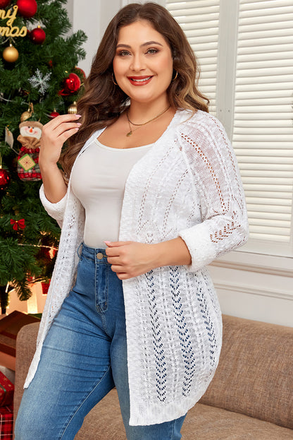 Chic white plus size eyelet knit open cardigan for effortless layering