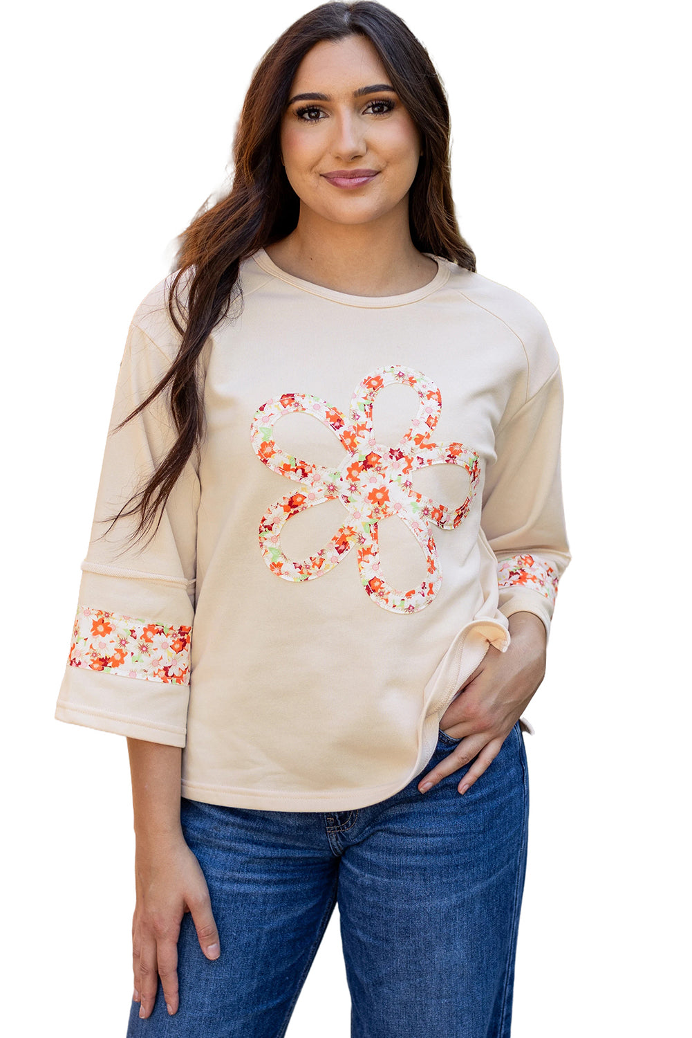 Beige floral wide sleeve top