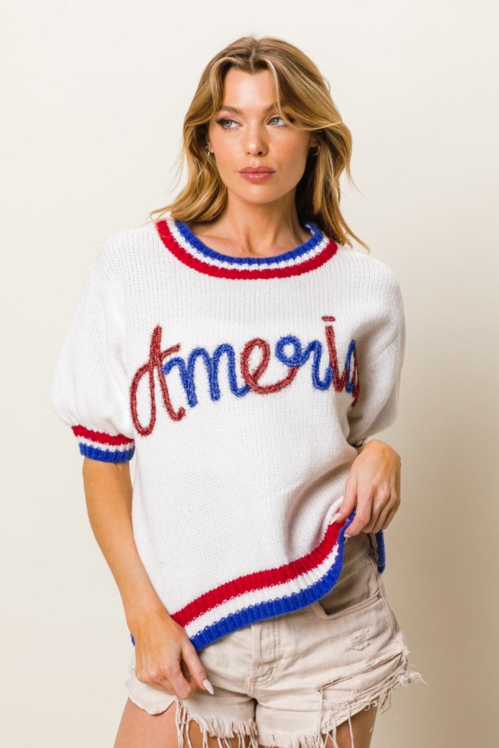 BiBi Metallic America Letter Short Sleeve Sweater.