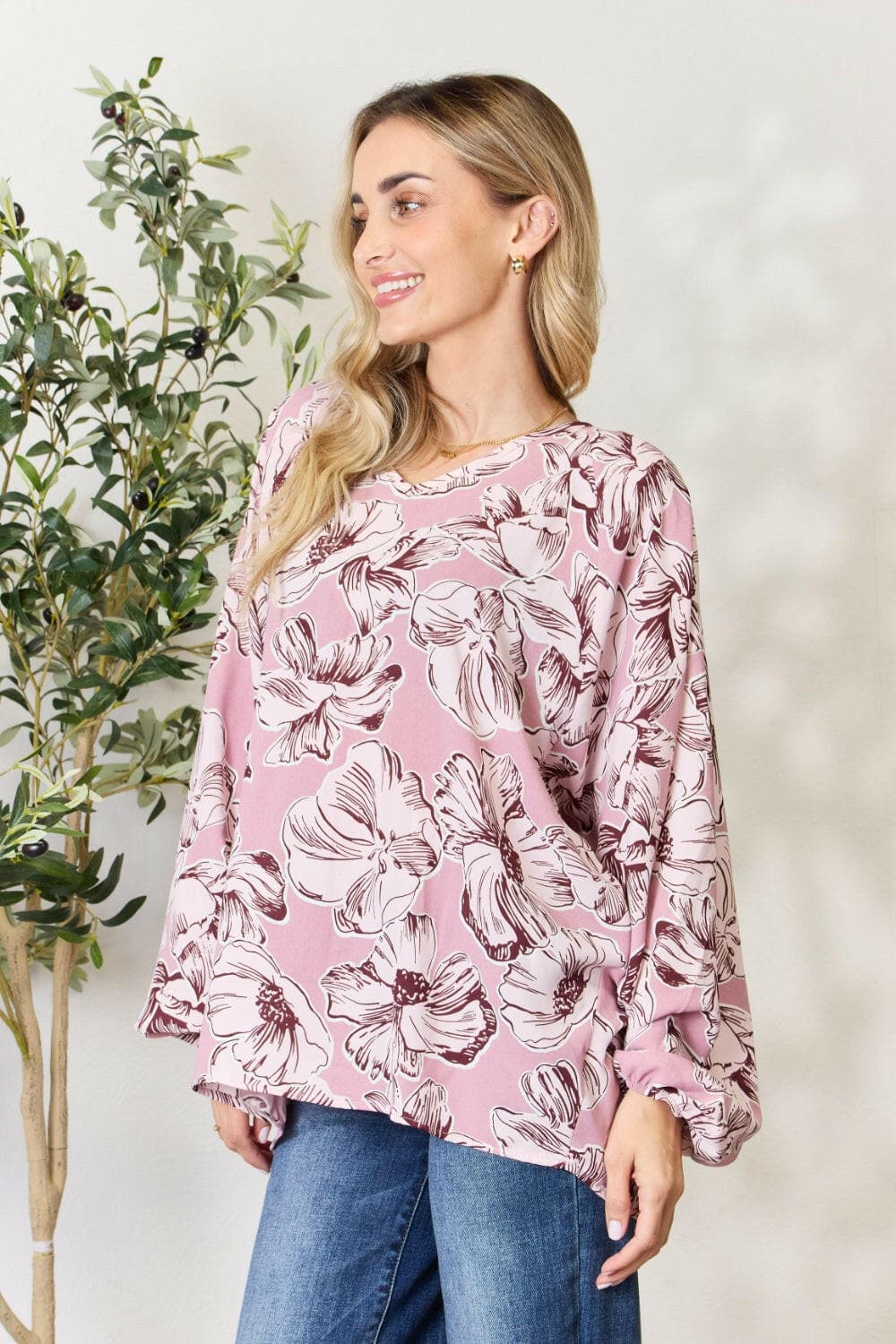 Heimish Full Size Floral V-Neck Balloon Sleeve Blouse.