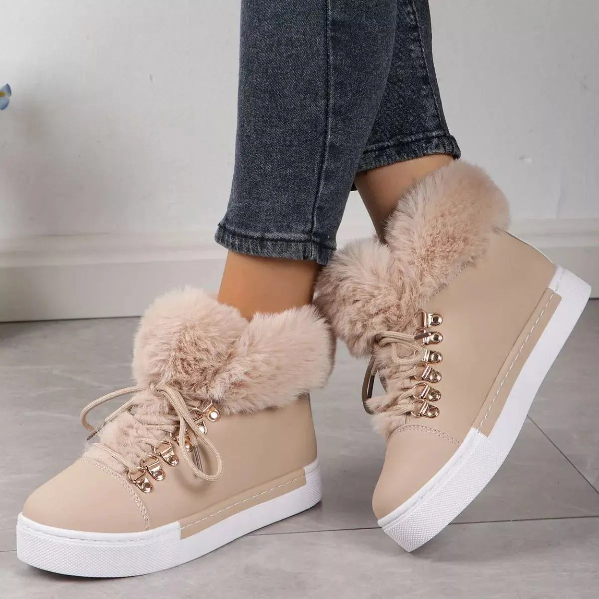 Fuzzy Trim Lace-Up Ankle Boots Simply Love