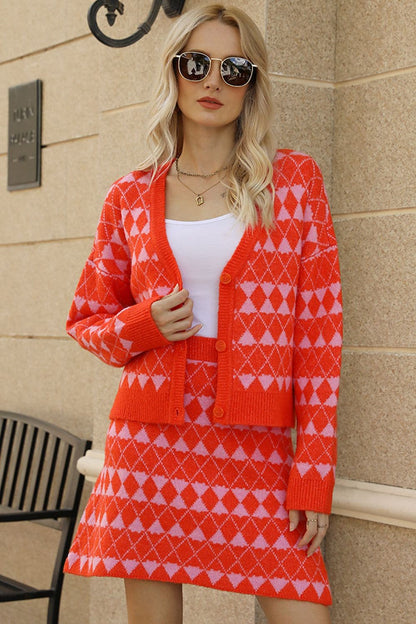 Geometric Dropped Shoulder Cardigan and Knit Skirt Set.