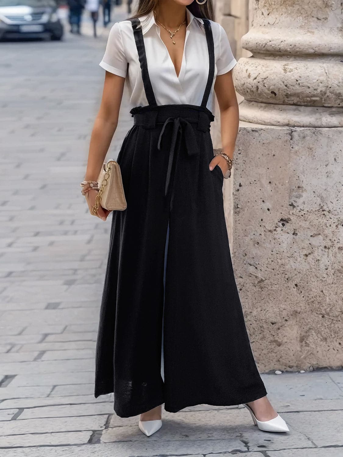 Tied Wide Leg Pants with Shoulder Straps.