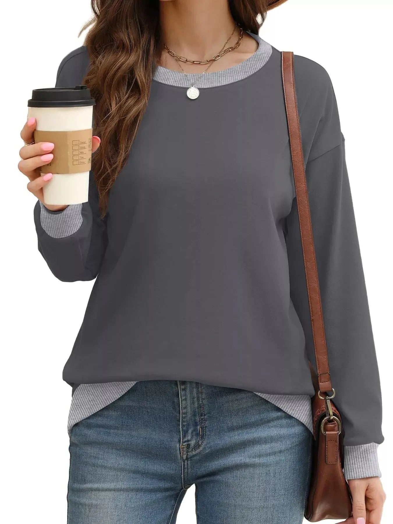 Contrast Trim Crew Neck Casual Sweatshirt Simply Love